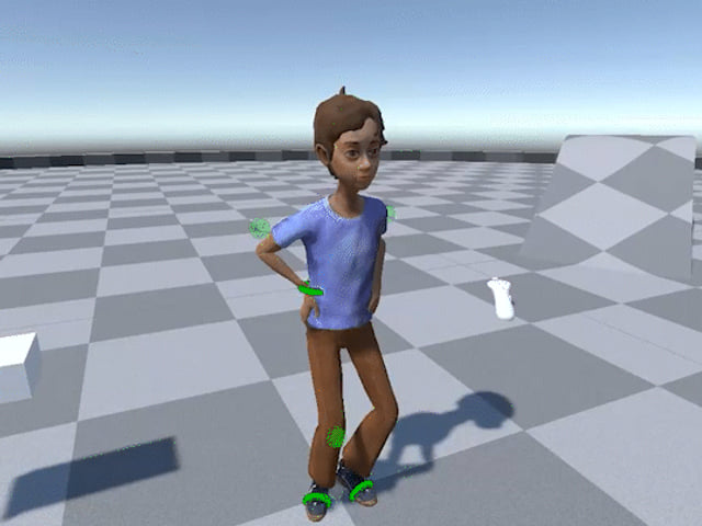 An animated boy in a blue T-shirt standing with one hand on his hip on a checkered test floor, with green control handles on his hands, knees and feet.