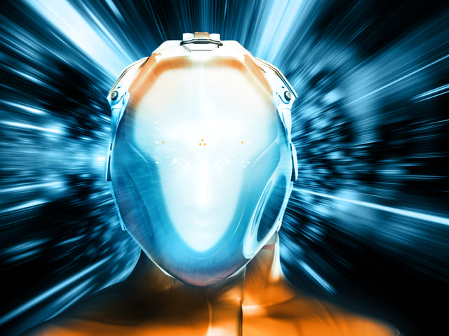 A glowing figure in a futuristic helmet against streaks of blue light, from the key art for Interstellar Arc.