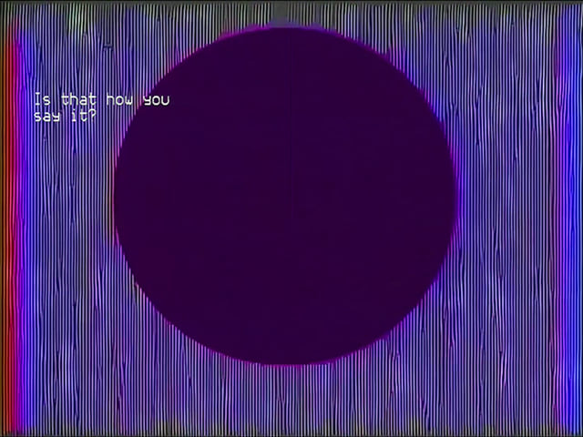 A dark purple circle over vertical lines, captioned 'Is that how you say it?'.