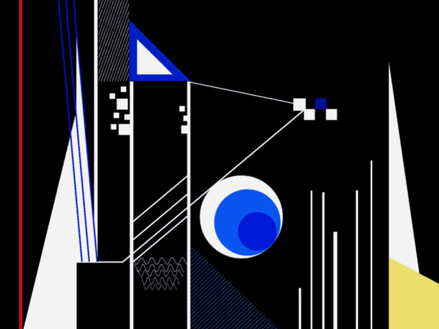 White, blue and yellow geometric shapes on black, from a graphic score made with SIGN/e.