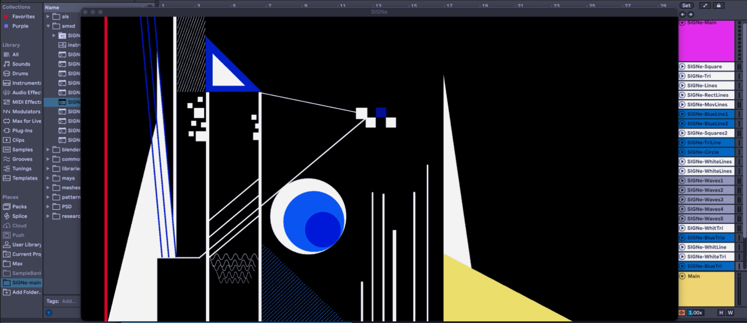 A SIGN/e score in Ableton Live: white, blue and yellow triangles, lines and circles on a black background, beside Live's browser and a list of symbol tracks.